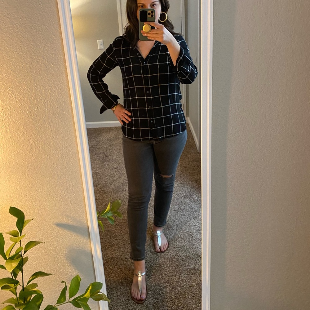 Banana Republic Button Down Plaid Black Grid Top